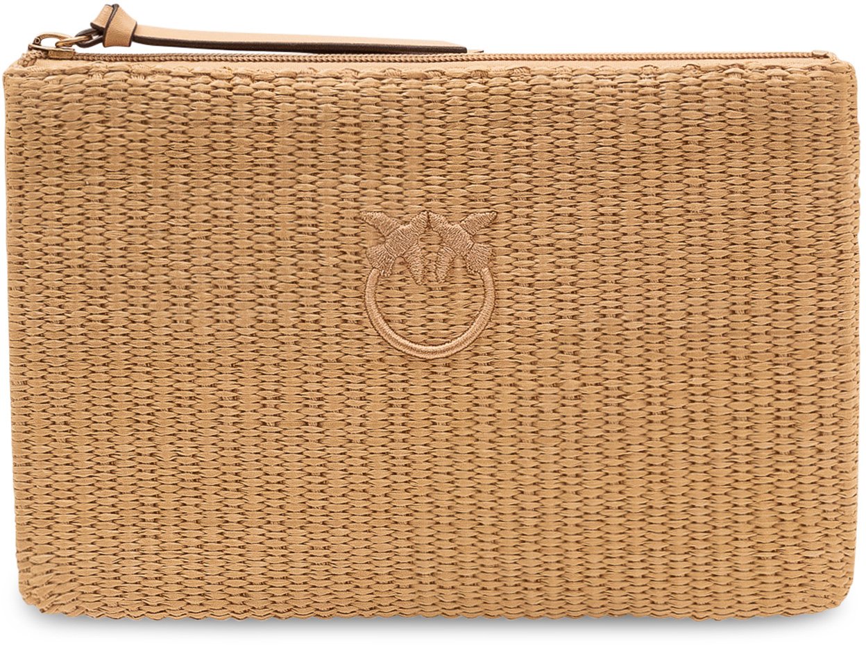 Pinko Pochette in Rafia con Zip e Logo Beige