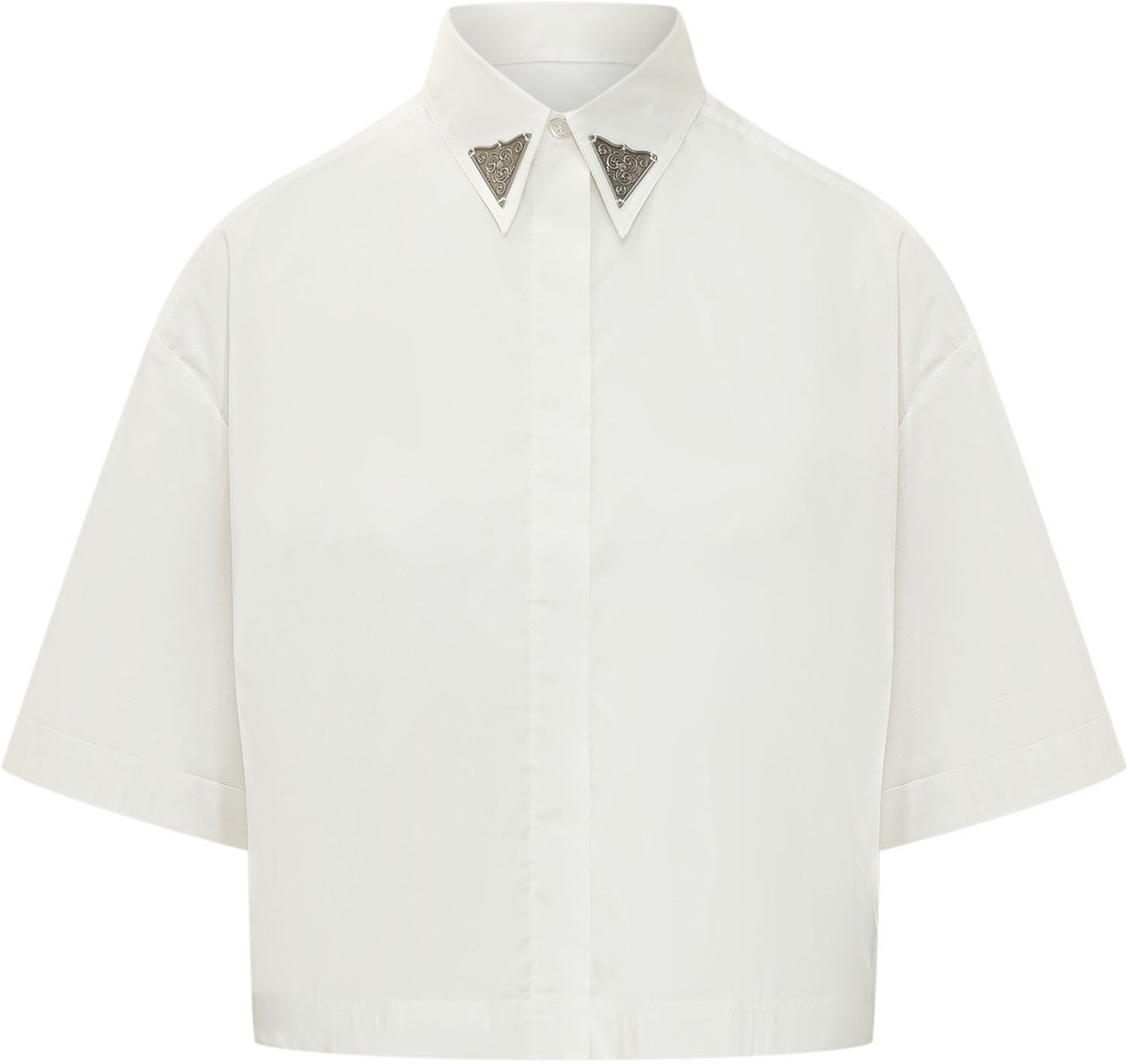 Pinko Camicia Cropped a Maniche Corte con Colletto Decorato Wit