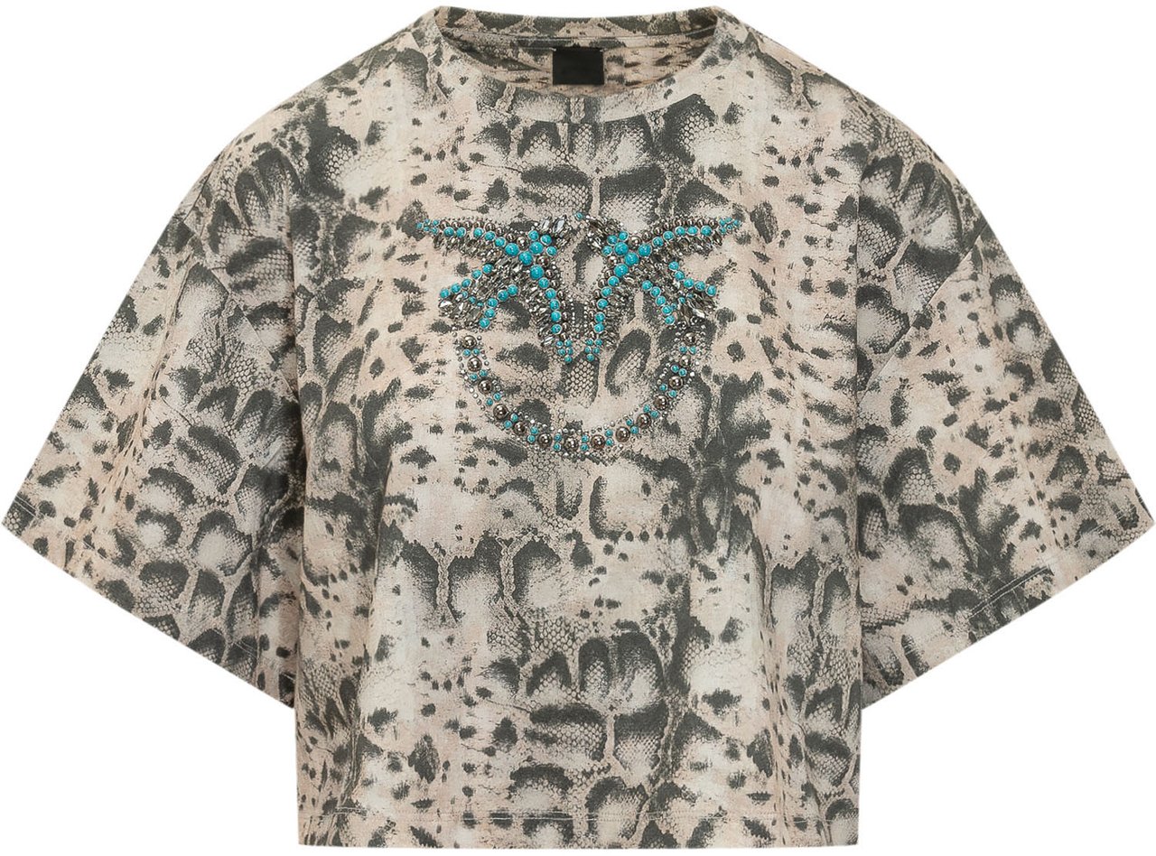 Pinko T-shirt Crop con Stampa e Logo Lichtgrijs