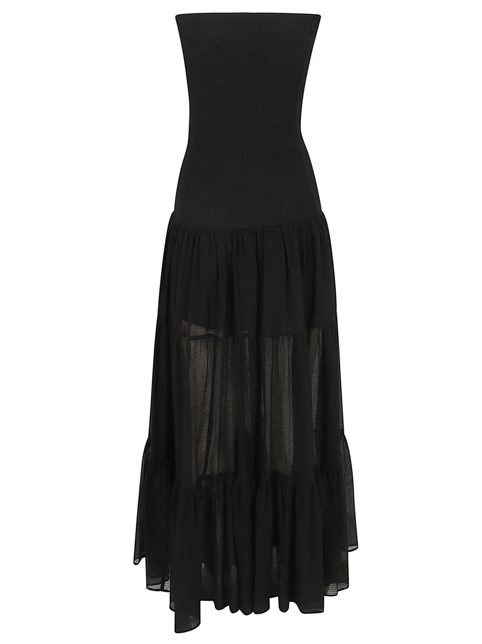 Pinko Ribbed Seersucker Midi Dress with Flounced Skirt Zwart