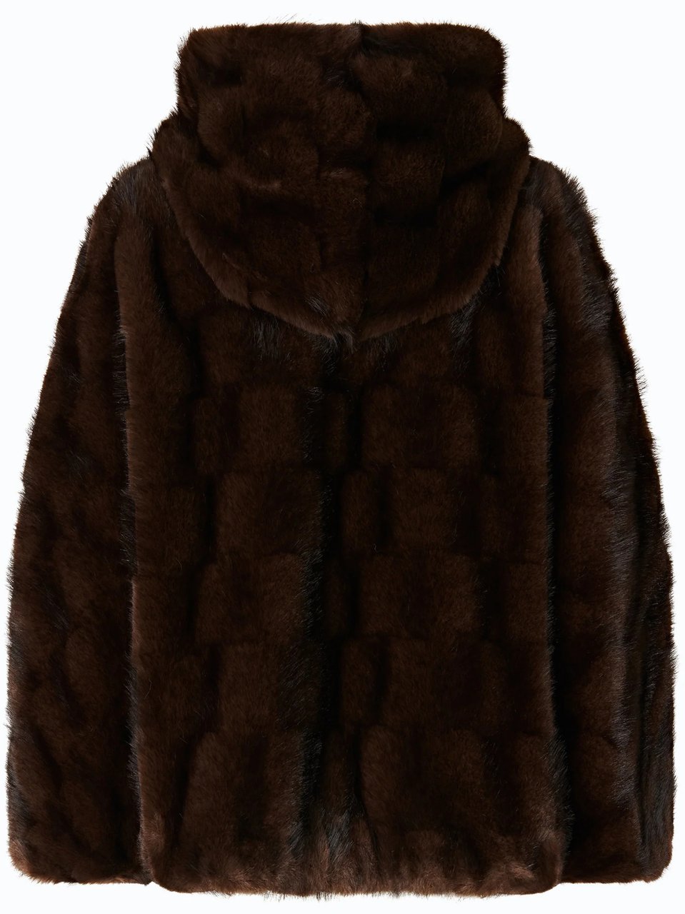 Pinko Plush Dark Brown Checkered Fur Jacket With Hood And Leather Trim Zwart