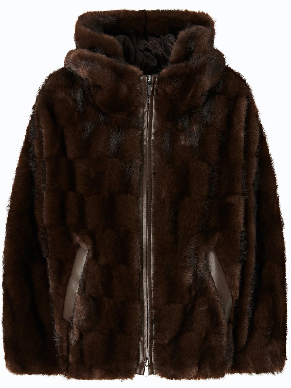 Pinko Plush Dark Brown Checkered Fur Jacket With Hood And Leather Trim Zwart