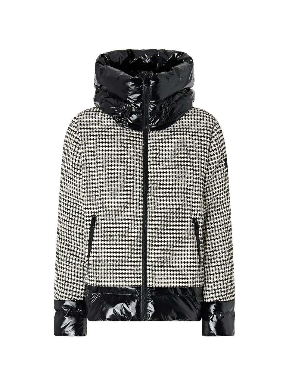 Pinko Cropped Houndstooth Tweed Jacket With Glossy Quilted Detailing Grijs