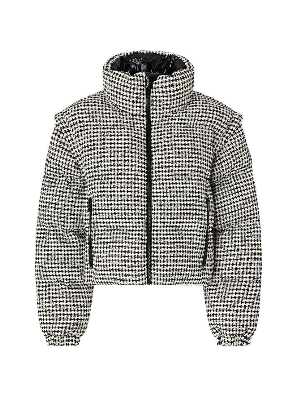 Pinko Cropped Houndstooth Tweed Jacket With Glossy Quilted Detailing Grijs