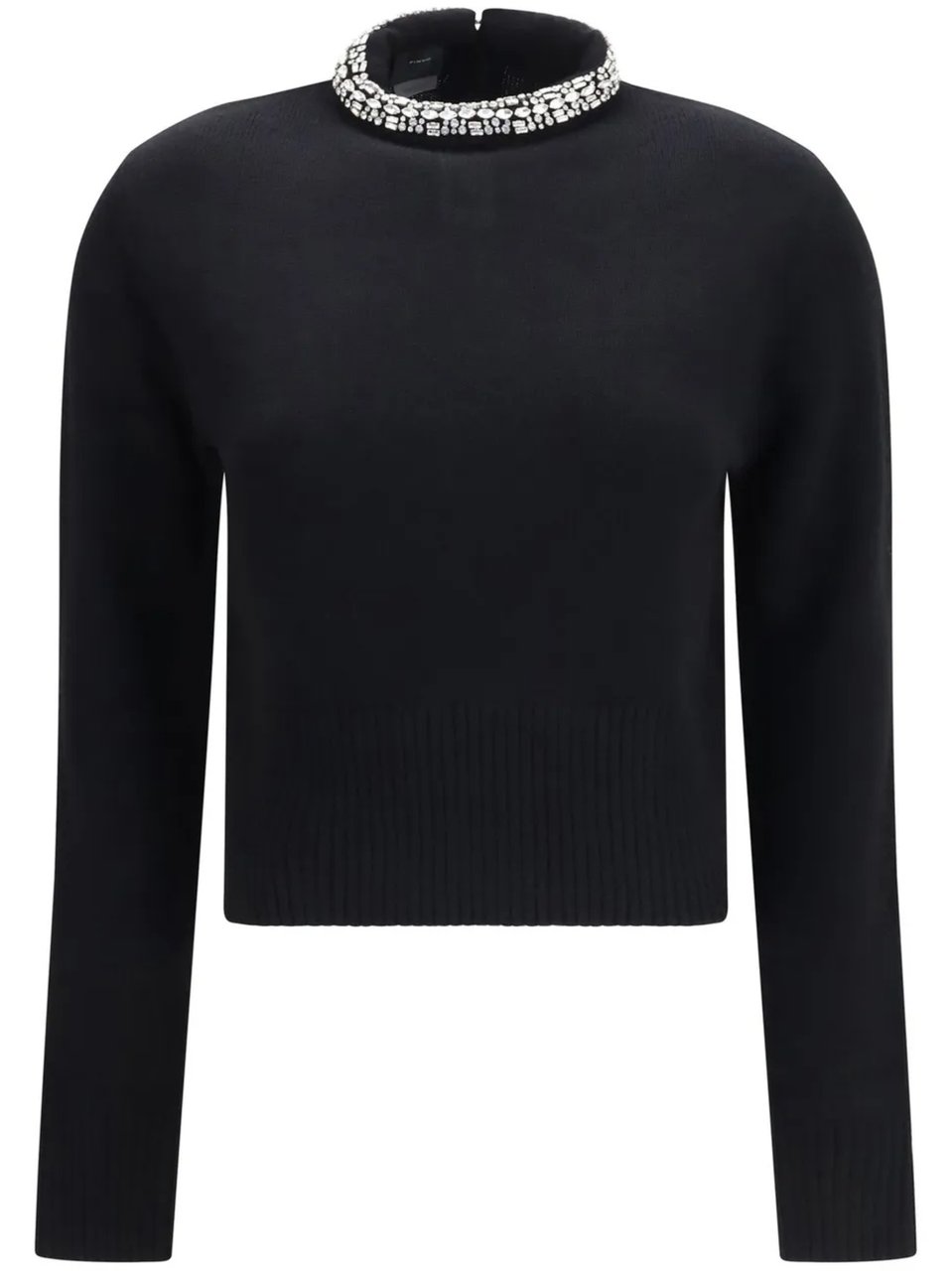 Pinko Black Cropped Wool Sweater with Embellished Neckline Zwart
