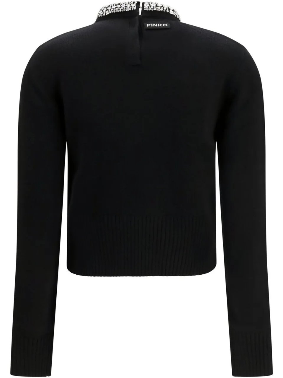 Pinko Black Cropped Wool Sweater with Embellished Neckline Zwart