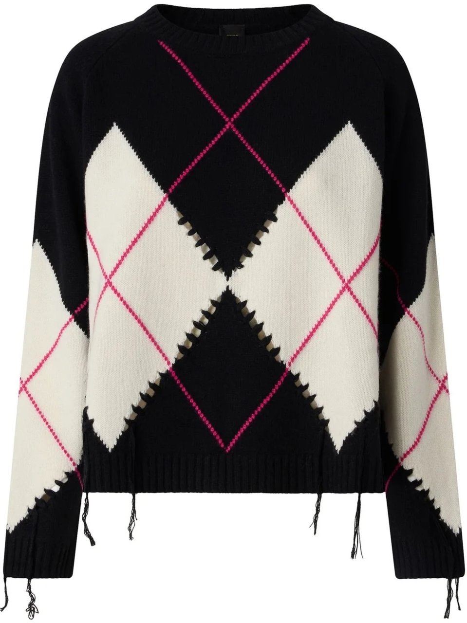 Pinko Cropped Black Argyle Sweater With Bold Cut-Out Details Zwart