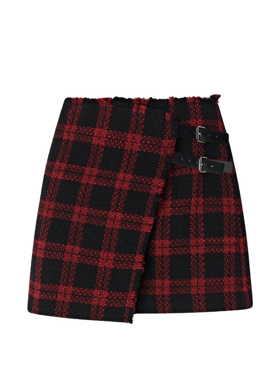 Pinko Asymmetrical Black Checkered Mini Skirt With Buckle Details Zwart