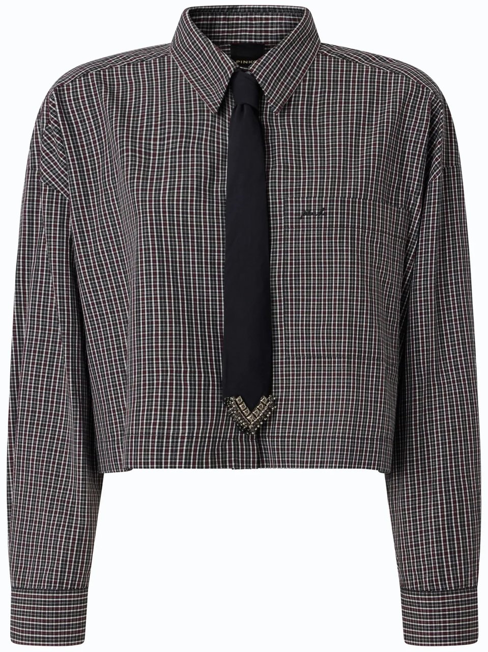 Pinko Cropped Checkered Shirt With Classic Collar And Decorative Tie Grijs