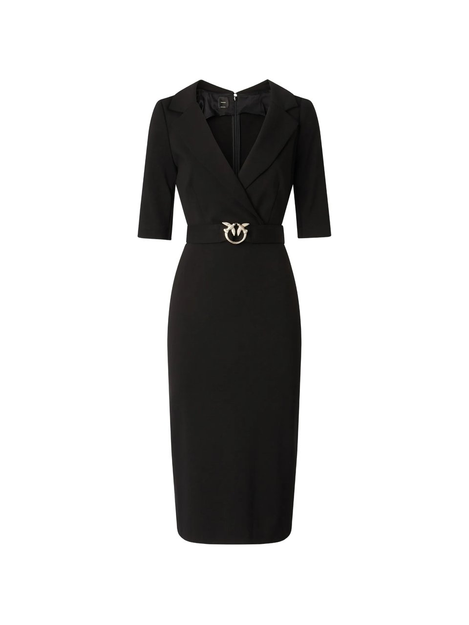 Pinko Tailored Black Midi Dress With V-Neckline And Decorative Belt Zwart
