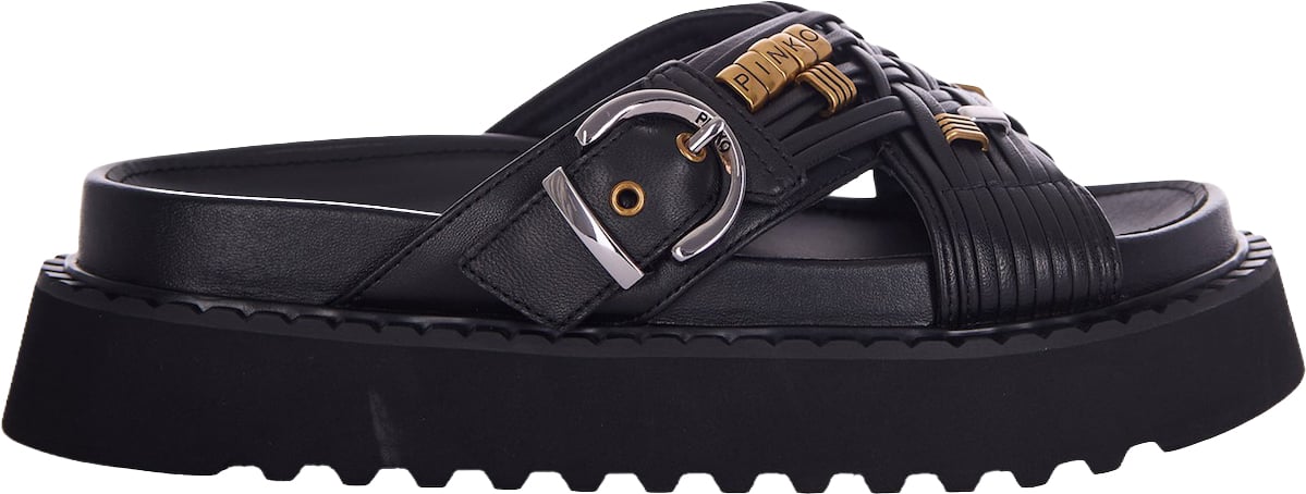 Pinko Woven Black Eco-Leather Sandals With Metallic Accents Zwart