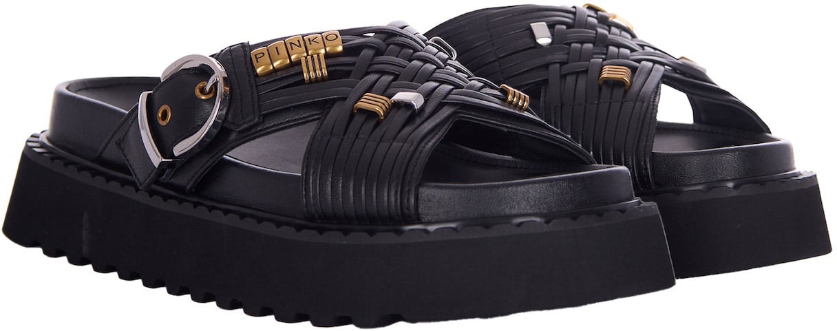 Pinko Woven Black Eco-Leather Sandals With Metallic Accents Zwart
