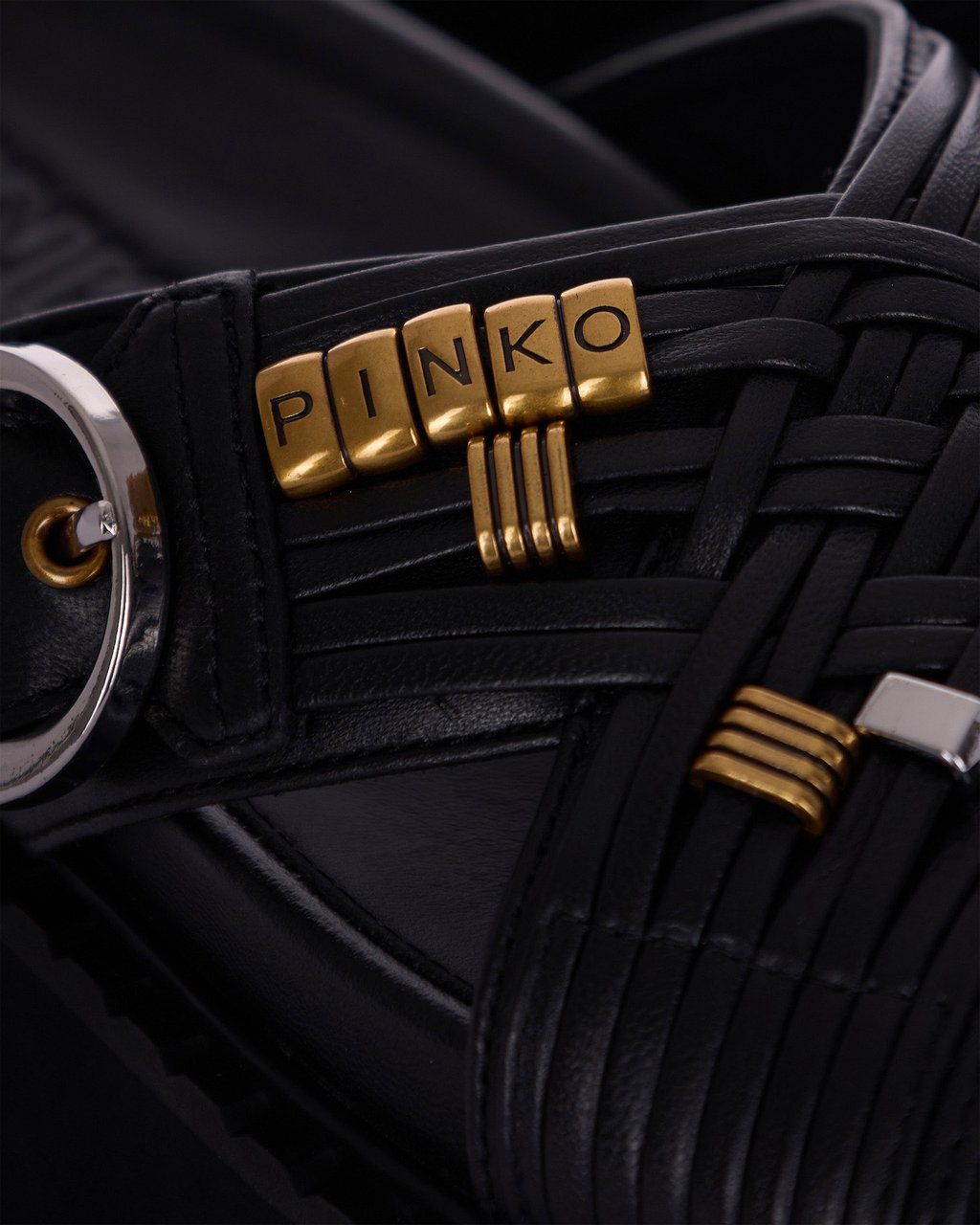 Pinko Woven Black Eco-Leather Sandals With Metallic Accents Zwart