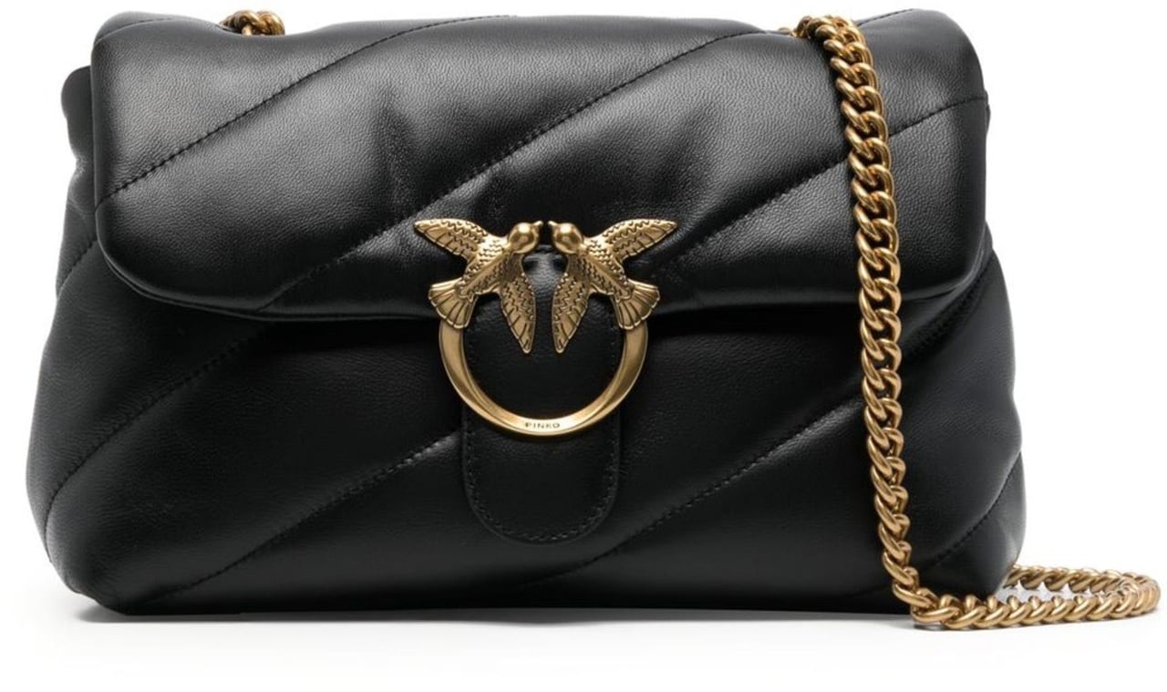 Pinko Love Puff Diagonal Quilted Leather Satchel Zwart