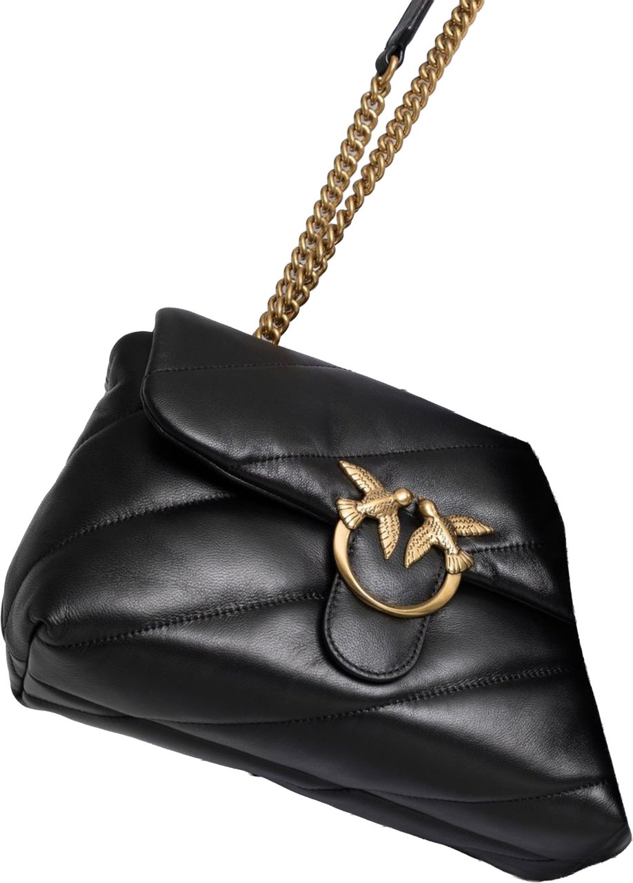 Pinko Love Puff Diagonal Quilted Leather Satchel Zwart