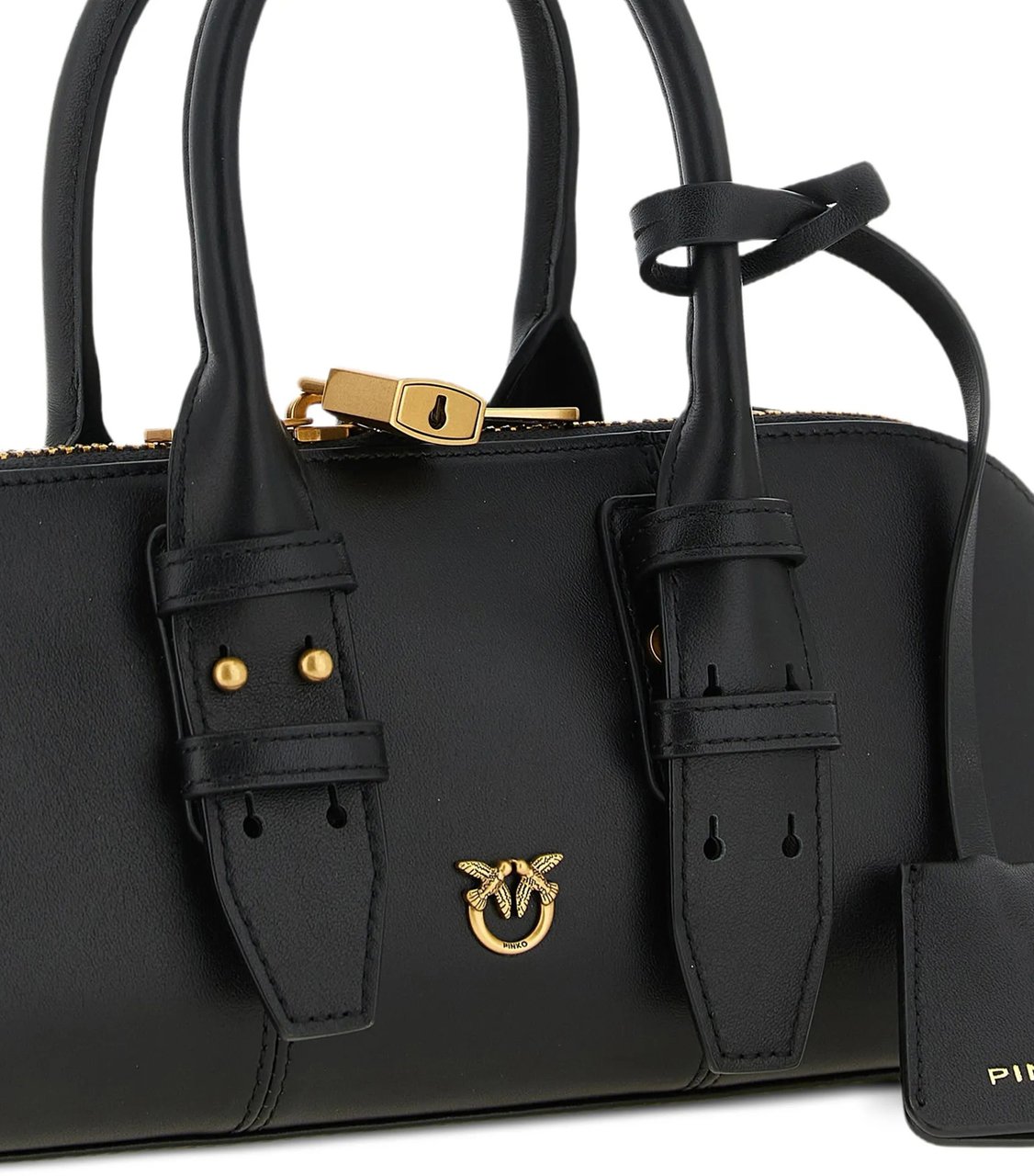 Pinko Black Bowling Bag Horizontal Leather Handbag Zwart