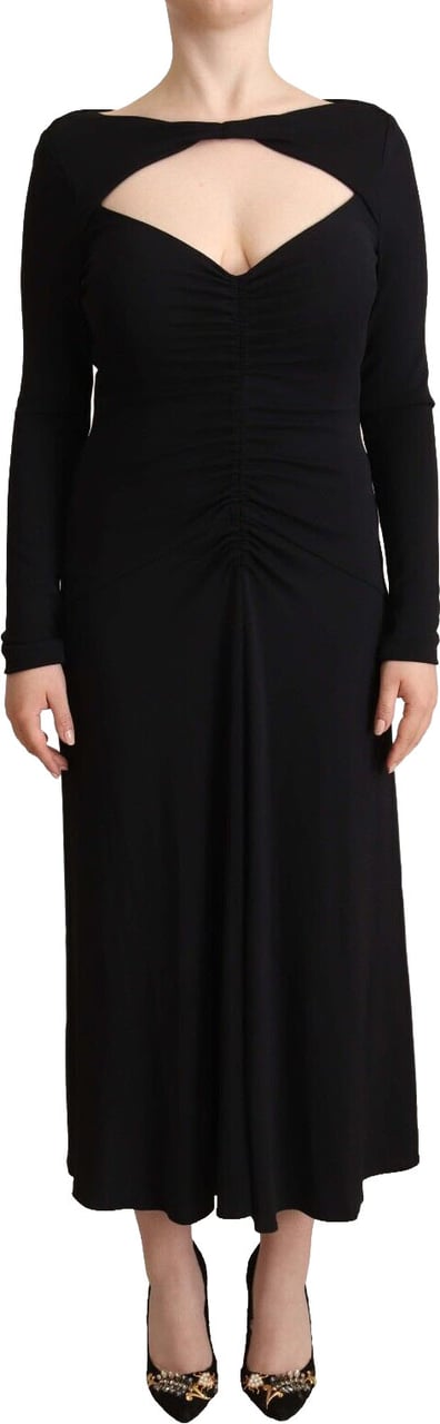 PINKO Black Nylon Stretch Long Sleeves Deep V-neck Maxi Dress Zwart