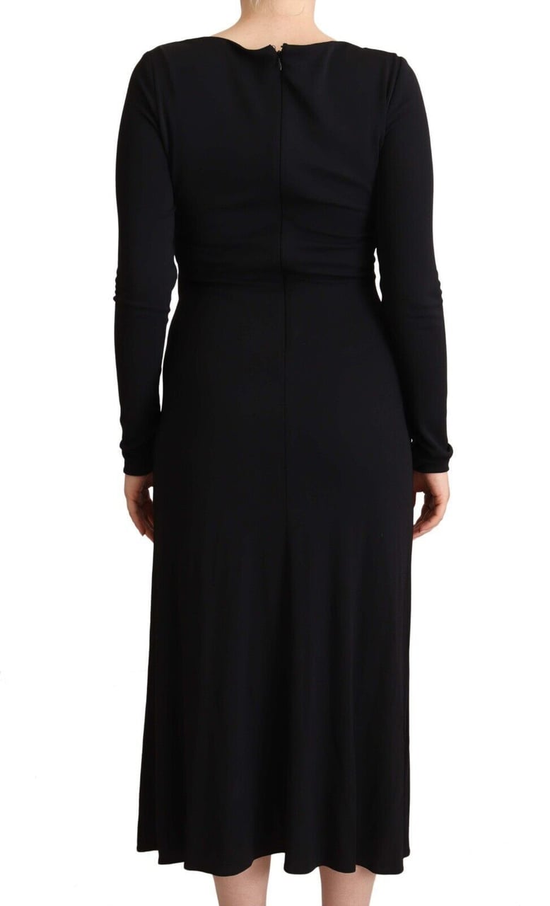 PINKO Black Nylon Stretch Long Sleeves Deep V-neck Maxi Dress Zwart
