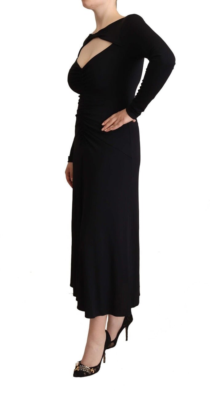 PINKO Black Nylon Stretch Long Sleeves Deep V-neck Maxi Dress Zwart