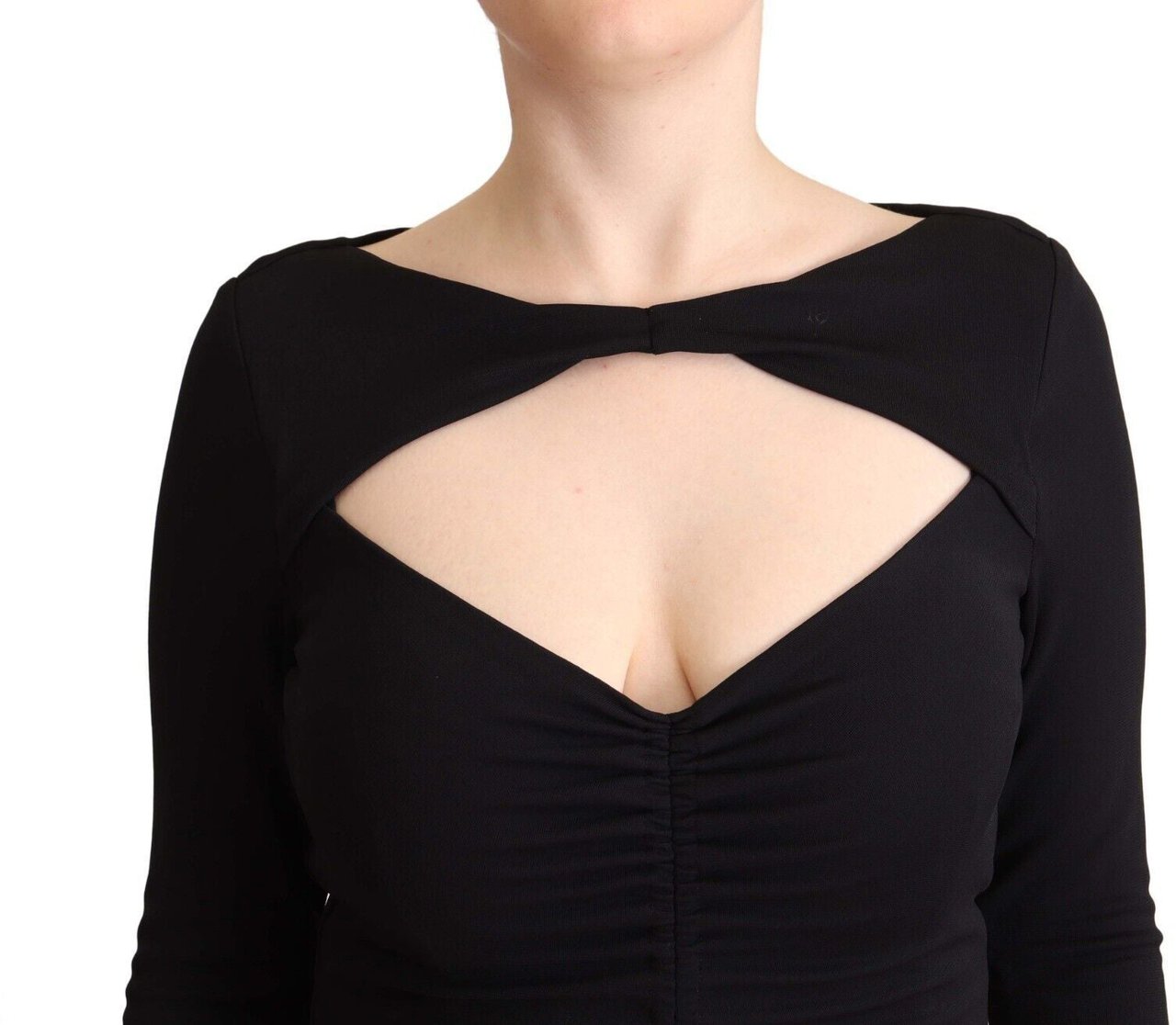 PINKO Black Nylon Stretch Long Sleeves Deep V-neck Maxi Dress Zwart
