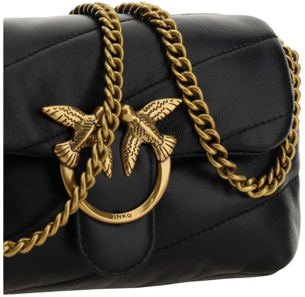 PINKO Black Calf Leather Bos Taurus Shoulder Bag Zwart