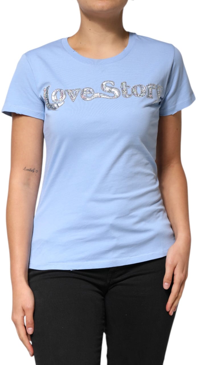 PINKO Blue Love Story Sequined Embellished Short Sleeves T-shirt Zwart