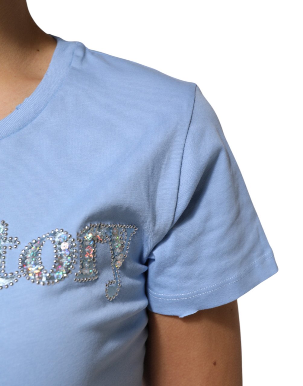 PINKO Blue Love Story Sequined Embellished Short Sleeves T-shirt Zwart