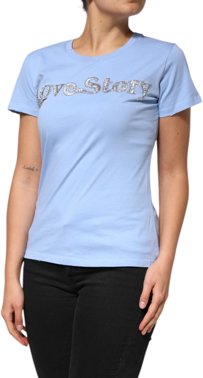 PINKO Blue Love Story Sequined Embellished Short Sleeves T-shirt Zwart