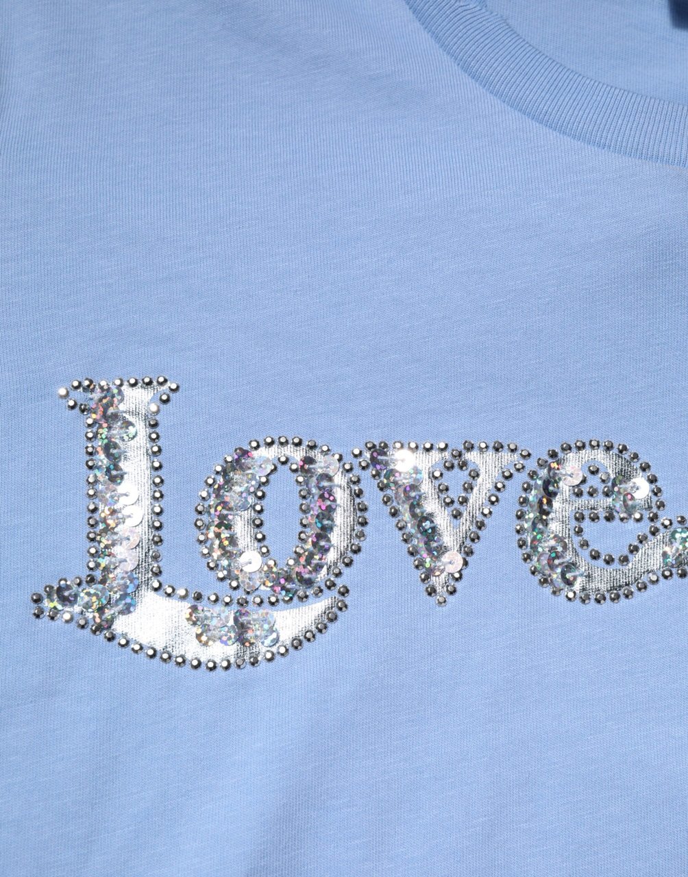 PINKO Blue Love Story Sequined Embellished Short Sleeves T-shirt Zwart