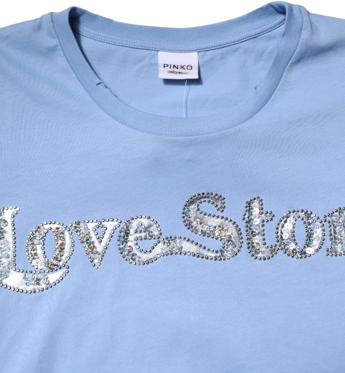PINKO Blue Love Story Sequined Embellished Short Sleeves T-shirt Zwart