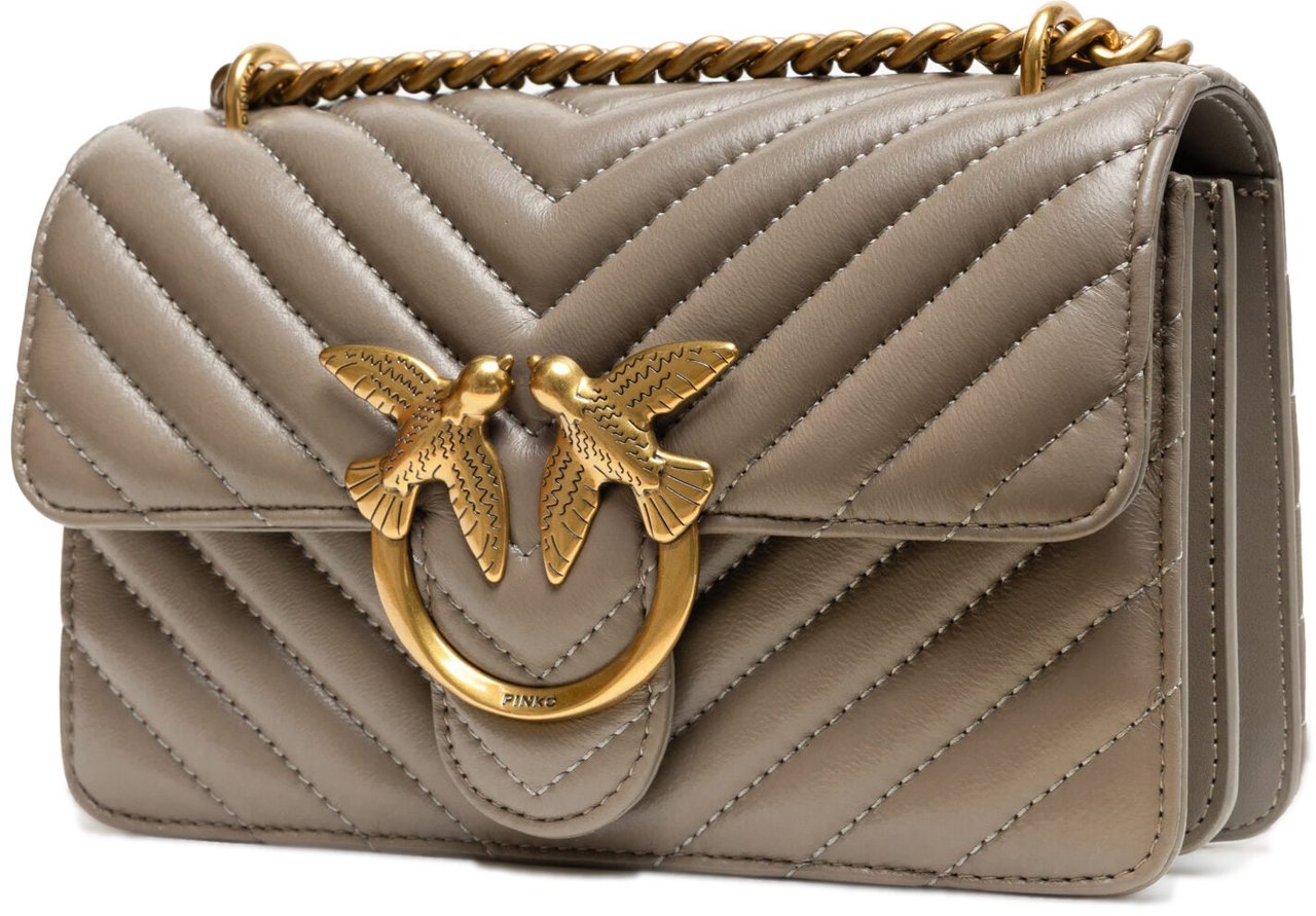 PINKO Grey Leather Love One Mini Shoulder Bag Grijs