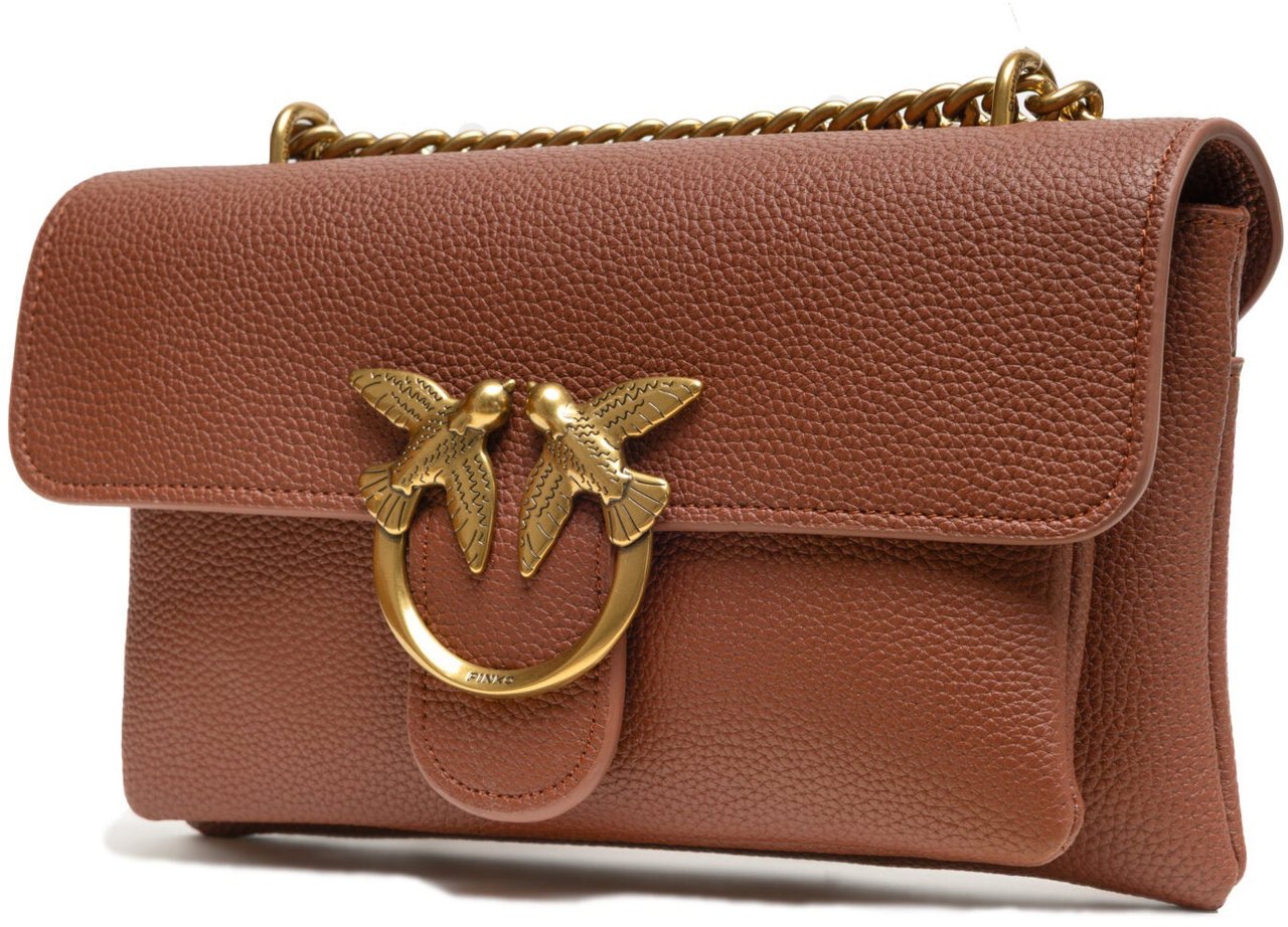 PINKO Brown Leather Love Boucle Riga Shoulder Bag Bruin