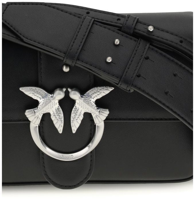 Pinko PINKO Black Calf Leather Bos Taurus Shoulder Bag Zwart