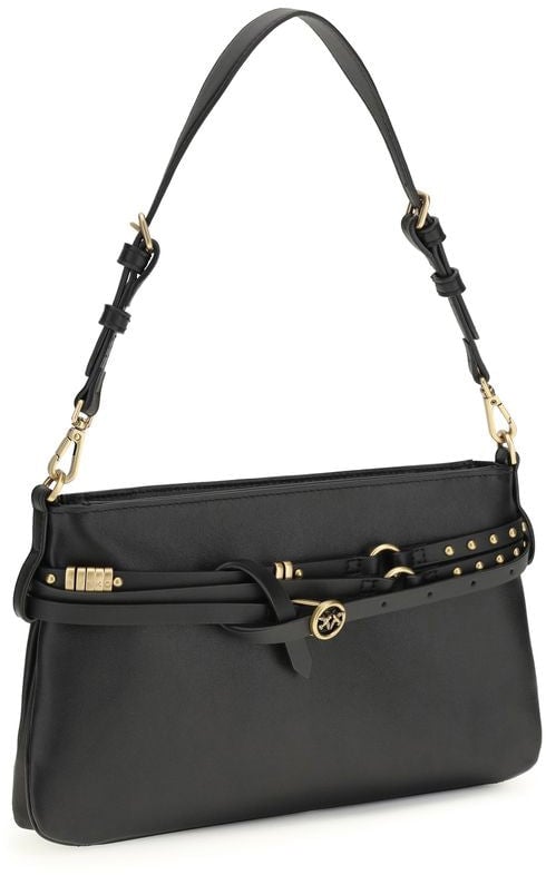 Pinko PINKO Black Calf Leather Bos Taurus Shoulder Bag Zwart
