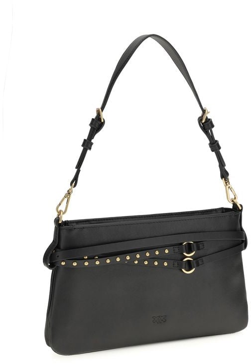 Pinko PINKO Black Calf Leather Bos Taurus Shoulder Bag Zwart