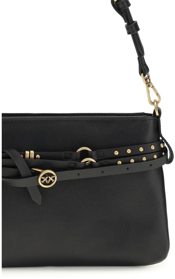 Pinko PINKO Black Calf Leather Bos Taurus Shoulder Bag Zwart