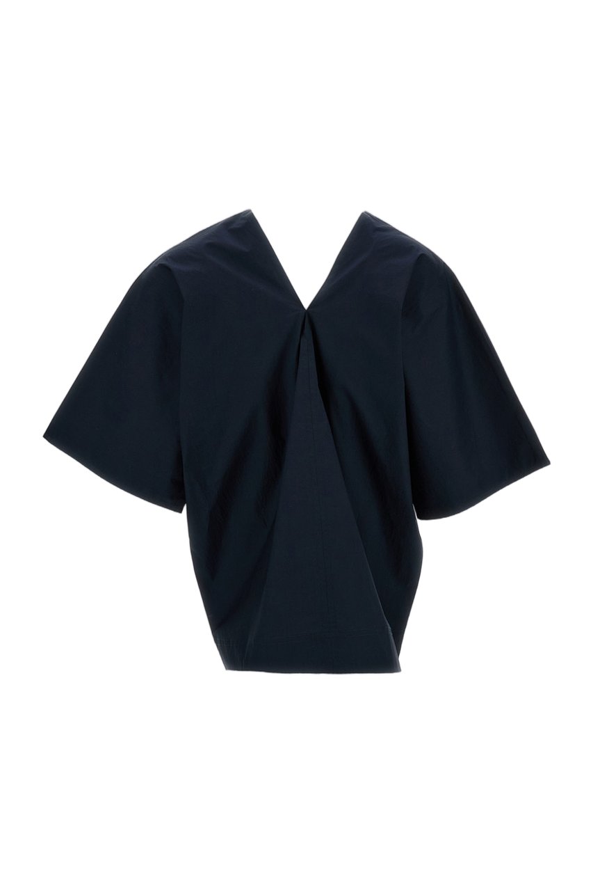 Plan C V-Neck Cotton Top with Wide Short Sleeves Blauw