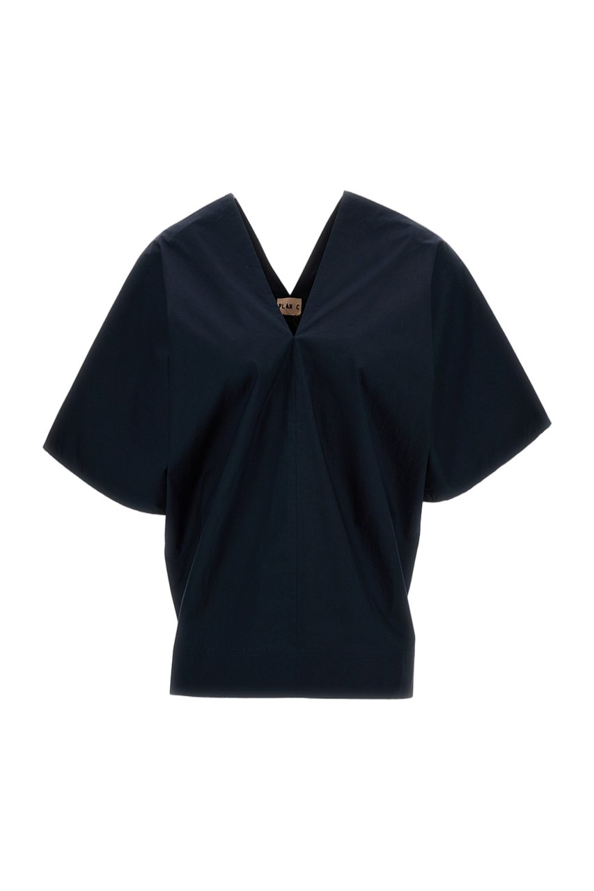 Plan C V-Neck Cotton Top with Wide Short Sleeves Blauw