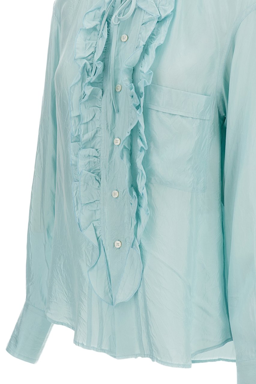 Plan C Light Blue Ruffled Shirt With Gathered Neck Blauw