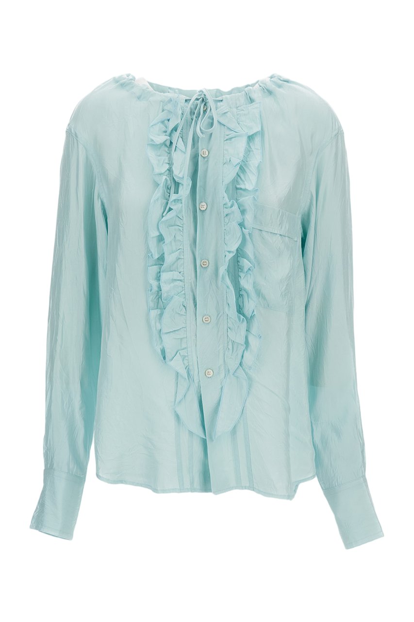 Plan C Light Blue Ruffled Shirt With Gathered Neck Blauw
