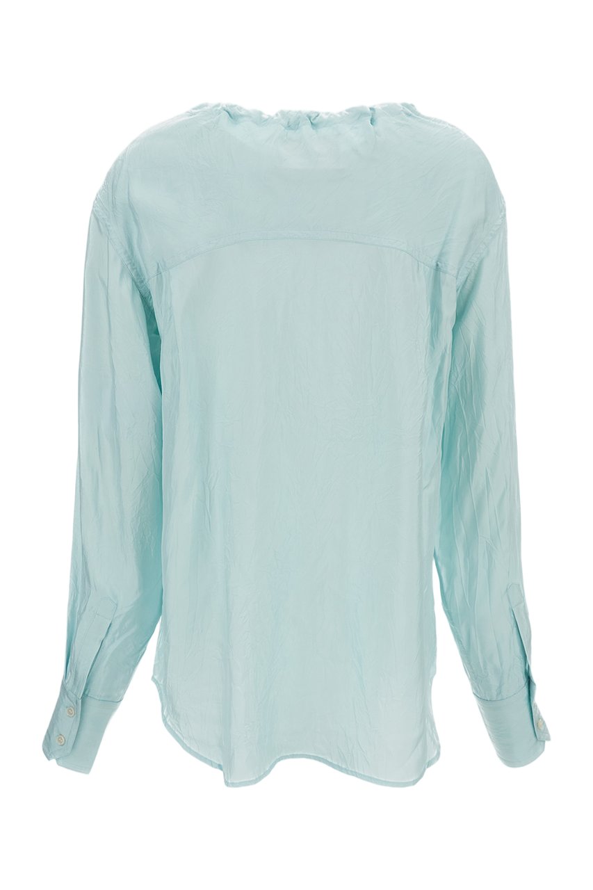 Plan C Light Blue Ruffled Shirt With Gathered Neck Blauw