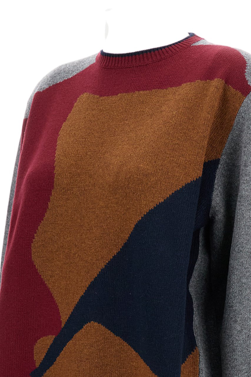 Plan C Multicolor Geometric Pattern Wool Cachemire Crewneck Sweater Grijs