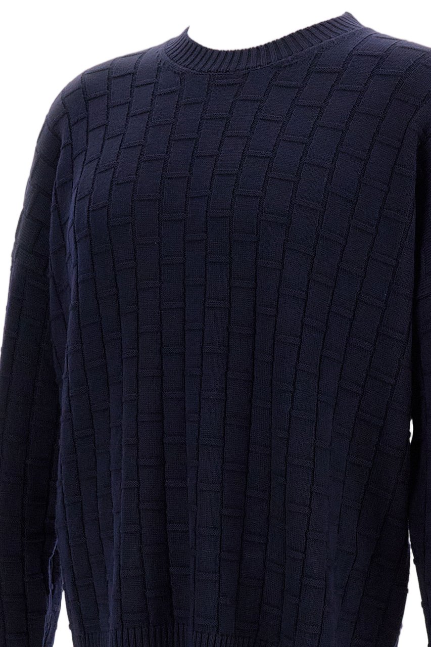Plan C Checked Pattern Wool Sweater With Ribbed Crew Neck Blauw