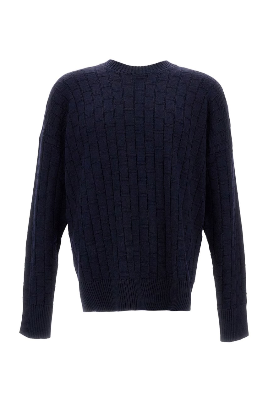 Plan C Checked Pattern Wool Sweater With Ribbed Crew Neck Blauw