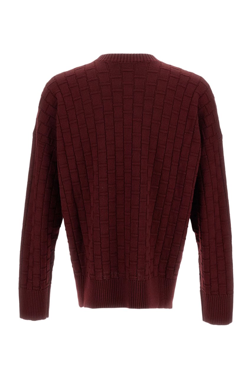 Plan C Checked Burgundy Wool Sweater With Ribbed Crew Neck Maroon