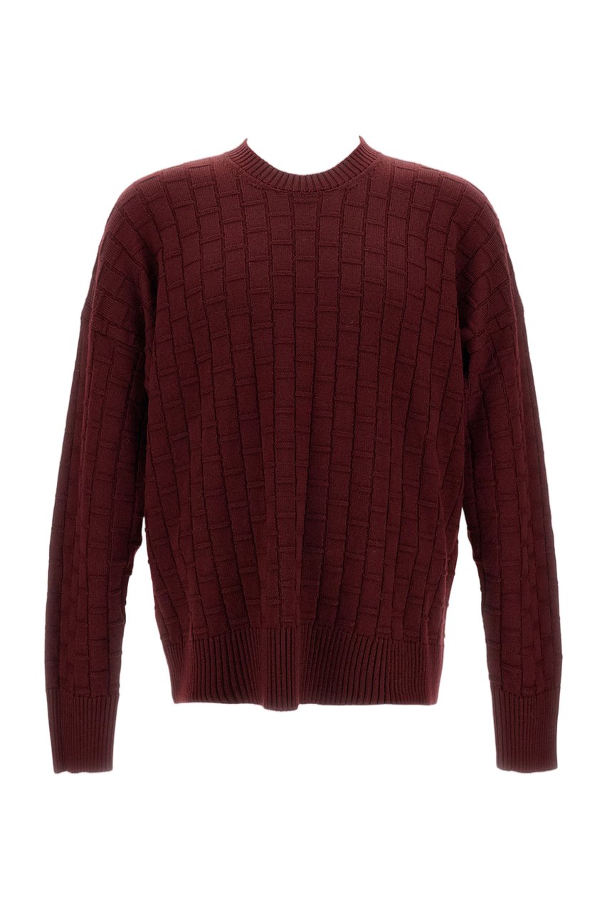 Plan C Checked Burgundy Wool Sweater With Ribbed Crew Neck Maroon