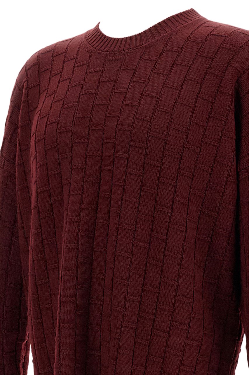 Plan C Checked Burgundy Wool Sweater With Ribbed Crew Neck Maroon