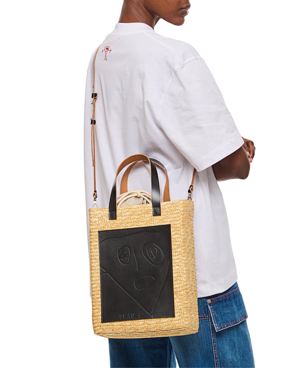 Plan C Woven Straw Medium Shopper Bag With Adjustable Strap And Abstract Design Neutraal