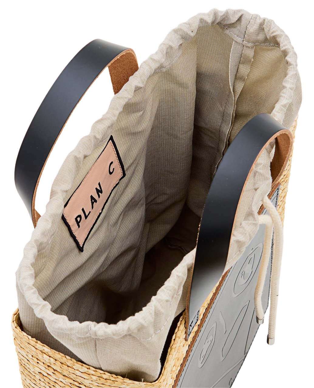 Plan C Woven Straw Medium Shopper Bag With Adjustable Strap And Abstract Design Neutraal
