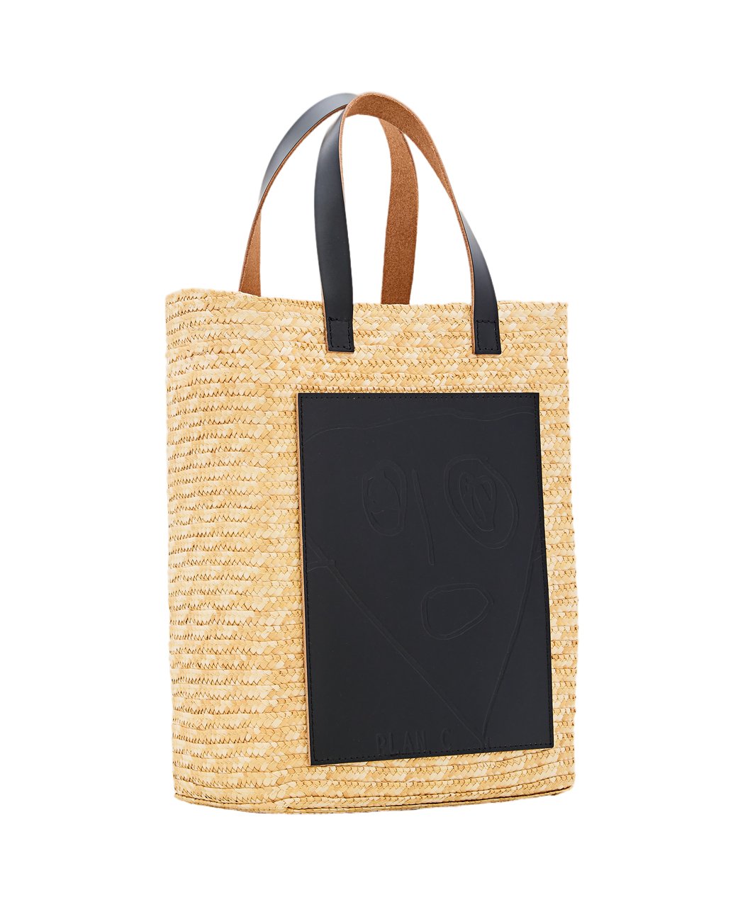 Plan C Woven Straw Medium Shopper Bag With Adjustable Strap And Abstract Design Neutraal